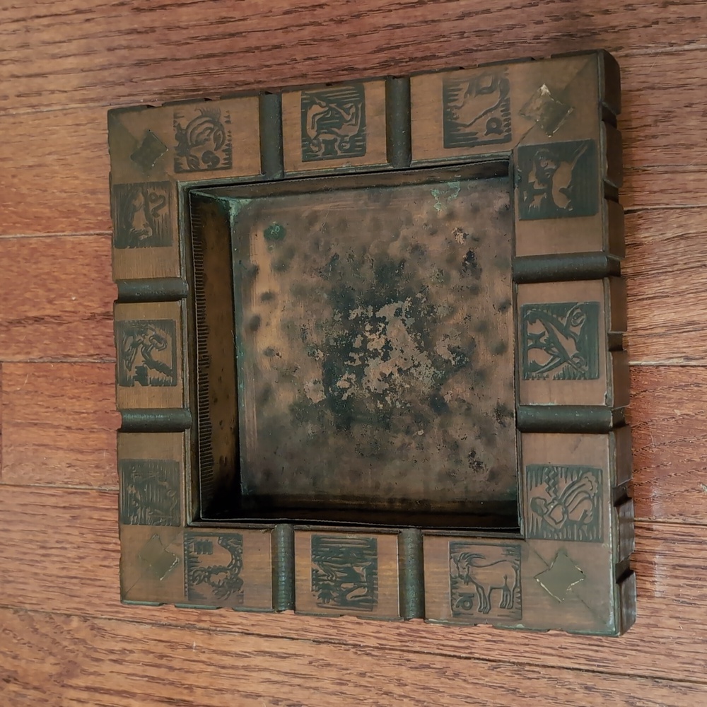 Vintage Brass Ashtray in Carved Wooden Box